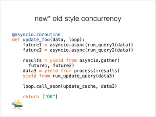new* old style concurrency
@asyncio.coroutine
def update_foo(data, loop):
future1 = asyncio.async(run_query1(data))
future2 = asyncio.async(run_query2(data))
!

results = yield from asyncio.gather(
future1, future2)
data3 = yield from process(*results)
yield from run_update_query(data3)
!

loop.call_soon(update_cache, data3)
!

return ["OK"]

 