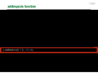 addImpacts function
<select id="c"></select>
<select id="l"></select>
<script type="text/javascript">
window.l = new PykQuery.init("aggregation", "node", "l", "db");
l.dimensions = ["language"];
l.sort = [{"language": "asc"}];
l.executeOnFilter = function() {
var data = l.flushToGet();
for(var i = 0; i < data.length; i++){
$("#c").append('<option value='+data[i].language+'>'+data[i].language+'</
option>');
}
};
l.call();
c.addImpacts(["l"], false);
$("#c").change(function() {
c.addFilter([[{"column_name": "country",
"condition_type": "values",
"in": ["India"]}]], false, true);
});
</script>
 