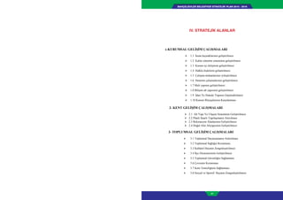 BAHÇELİEVLER BELEDİYESİ STRATEJİK PLAN 2015 - 2019
87
IV. STRATEJİK ALANLAR
1-KURUMSAL GELİŞİM ÇALIŞMALARI
 1.1 Ġnsan kaynaklarının geliĢtirilmesi
 1.2 Kalite yönetim sisteminin geliĢtirilmesi
 1.3 Kurum içi iletiĢimin geliĢtirilmesi
 1.4 Halkla iliĢkilerin geliĢtirilmesi
 1.5 ÇalıĢma mekanlarının iyileĢtirilmesi
 1.6 Denetim çalıĢmalarının geliĢtirilmesi
 1.7 Mali yapının geliĢtirilmesi
 1.8 BiliĢim alt yapısının geliĢtirilmesi
 1.9 Ġdari Ve Hukuki Yapının Güçlendirilmesi
 1.10 Kurum Ġhtiyaçlarının KarĢılanması
2- KENT GELİŞİM ÇALIŞMALARI
 2.1 Alt Yapı Ve UlaĢım Sisteminin GeliĢtirilmesi
 2.2 Planlı Ġmarlı YapılaĢmanın Artırılması
 2.3 Rekreasyon Alanlarının GeliĢtirilmesi
 2.4 Doğal Afet Altyapısının GeliĢtirilmesi
3- TOPLUMSAL GELİŞİM ÇALIŞMALARI
 3.1 Toplumsal DayanıĢmanın Arttırılması
 3.2 Toplumsal Sağlığın Korunması
 3.3 Kültürel Hayatın ZenginleĢtirilmesi
 3.4 Ġlçe Ekonomisinin GeliĢtirilmesi
 3.5 Toplumsal Güvenliğin Sağlanması
 3.6 Çevrenin Korunması
 3.7 Kent Temizliğinin Sağlanması
 3.8 Sosyal ve Sportif Hayatın ZenginleĢtirilmesi
 