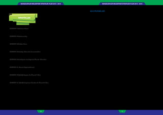 BAHÇELİEVLER BELEDİYESİ STRATEJİK PLAN 2015 - 2019BAHÇELİEVLER BELEDİYESİ STRATEJİK PLAN 2015 - 2019
10 11
KAVRAMLAR
Kavramsal karışıklıkların önüne geçmek ve ortak bir anlayış sağlayabilmek amacı ile bu
planda yaygın olarak kullanılan kavramlar ve bu kavramların anlamları aşağıda açıklamalı
olarak verilmiştir. Bu kavramların anlamları açıklanırken ilgili mevzuat ve Devlet Planlama
Teşkilatı tarafından hazırlanan “Kamu İdareleri İçin Stratejik Planlama Kılavuzu” ndan
yararlanılmıştır.
Amaç: Amaçlar kuruluşun ulaşmayı hedeflediği sonuçların kavramsal ifadesidir.
Amaçlar, kuruluşun hizmetlerine ilişkin politikaların uygulanması ile elde edilecek sonuçları ifade
eder.
Çalışma Grupları: Stratejik Plan Hazırlık Süreci’nde başta mevcut durumun analizi
konularında olmak üzere farklı alanlarda çalışma yapmaları için kurum çalışanları arasından
görevlendirilen kişilerden oluşan gruplardır. Stratejik plan çalışmalarında çalışma gruplarının
oluşturulması, kurum içi katılımcılığın sağlanması adına oldukça önemlidir.
Dış Çevre Analizi: Çevre analizi, kuruluşun kontrolü dışındaki koşulların ve
eğilimlerin incelenerek, kuruluş için kritik olan fırsat ve tehditlerin belirlenmesidir.
Dış Paydaş: Kuruluştan etkilenen veya kuruluşu etkileyen kuruluş dışındaki kişi,
grup veya kurumlardır. Kuruluş faaliyetleriyle ilişkisi olan diğer kamu ve özel sektör kuruluşları,
kuruluşa girdi sağlayanlar, sendikalar, ilgili sektör birlikleri dış paydaşlara örnek olarak verilebilir.
GZFT (SWOT) Analizi: GZFT (Güçlü Yönler, Zayıf Yönler, Fırsatlar, Tehditler) Analizi
kuruluşun kendisinin ve kuruluşu etkileyen koşulların sistematik olarak incelendiği bir
yöntemdir. Bu kapsamda, kuruluşun güçlü ve zayıf yönleri ile kuruluş dışında oluşabilecek
fırsatlar ve tehditler belirlenir. Bu analiz, stratejik planlama sürecinin diğer aşamalarına temel
teşkil eder. GZFT kavramı dilimizde yoğun olarak SWOT (Strengths, Weaknesses,
Opportunities, Threats) olarak kullanılmaktadır.
Hedef: Hedefler, amaçların gerçekleştirilebilmesine yönelik spesifik ve ölçülebilir
alt amaçlardır. Hedefler ulaşılması öngörülen çıktı ve sonuçların tanımlanmış bir zaman dilimi
içinde nitelik ve nicelik olarak ifadesidir. Hedeflerin miktar, maliyet, kalite ve zaman cinsinden
ifade edilebilir olması gerekmektedir. Bir amacı gerçekleştirmeye yönelik olarak birden fazla
hedef belirlenebilir.
İç Paydaş: Kuruluştan etkilenen veya kuruluşu etkileyen kuruluş içindeki kişi, grup veya
(varsa) ilgili/bağlı kuruluşlardır. Kuruluşun çalışanları, yöneticileri ve kuruluşun bağlı olduğu
bakanlık, iç paydaşlara örnek olarak verilebilir.
GRAFİK 1:Katılımcı Oranı
GRAFİK 2:Katılımcı YaĢ
GRAFİK 3:ĠletiĢim Aracı
GRAFİK 4:Belediye Görev Ve Sorumlulukları
GRAFİK 5:Belediyenin Sunduğu En Önemli Hizmetler
GRAFİK 6: Hizmet Değerlendirmesi
GRAFİK 7:ĠĢbirliği Yapılan En Önemli 3 Alan
GRAFİK 8: ĠĢbirliği Yapılması Ġstenilen En Önemli 3 Alan
GRAFİKLER
HARİTALAR
 