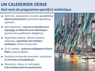 UN CALENDRIER DENSE Huit mois de programme sportif et médiatique Avril-mai : préparation à Lorient,  au sein d’un pôle d’entraînemen t, premières opérations sponsors. Mai-septembre :  courses en double et en équipage, en Manche et en Atlantique  + parcours de qualification obligatoire. Septembre-octobre : dernier chantier technique,  opérations de relations publiques , sorties à la journée. 22-31 octobre :  présence obligatoire à Saint-Malo , jusqu’au départ. Dernière semaine de novembre : estimation de  l’arrivée en Guadeloup e.  Décembre : retour en métropole,  interventions chez les partenaires . 