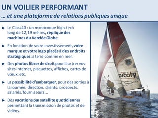 UN VOILIER PERFORMANT … et une plateforme de relations publiques unique Le Class40 : un monocoque high-tech  long de 12,19 mètres , réplique des  machines du Vendée Globe . En fonction de votre investissement , votre marque et votre logo placés à des endroits stratégiques , à terre comme en mer. Des  photos libres de droit  pour illustrer vos sites Internet, plaquettes, affiches, cartes de vœux, etc. La  possibilité d’embarquer , pour des sorties à la journée, direction, clients, prospects, salariés, fournisseurs... Des  vacations par satellite quotidiennes  permettant la transmission de photos et de vidéos. 
