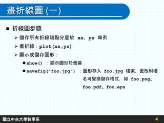 畫折線圖 (一)
 折線圖步驟
 儲存所有折線端點分量於 xs，ys 串列
 畫折線：plot(xs,ys)
 顯示或儲存圖形：
 show() ：顯示圖形於螢幕
 savefig(’foo.jpg’) ：圖形存入 foo.jpg 檔案，更改附檔
名可變換儲存格式，如 foo.png、
foo.pdf、foo.eps
4
國立中央大學數學系
 