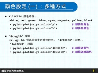 顏色設定 (一) ：多種方式
 X11/CSS4 顏色名稱：
white、red、green、blue、cyan、magenta、yellow、black
• pylab.plot(xs,ys,color=’y’) # 線條為黃色
• pylab.plot(xs,ys,color=’k’) # 線條為黑色
 ’#rrggbb’ 字串：
rr、gg、bb 皆為兩個十六進位數字。 ’#ff0000’：紅色 、
’#e0ffe0’：淺綠
• pylab.plot(xs,ys,color=’#0000ff’) # 線條為藍色
• pylab.plot(xs,ys,color=’#006400’) # 線條為暗綠色
6
國立中央大學數學系
 