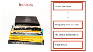 Indexes
“Creativity XX2”
“The creative illustration Book”
“Photographing friends and Family”
.
.
“The art of naked genius”
 