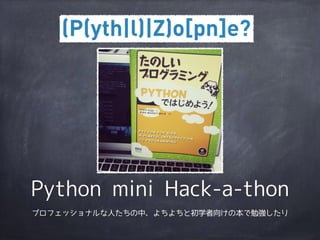 Python mini Hack-a-thon 
プロフェッショナルな人たちの中、よちよちと初学者向けの本で勉強したり 
 