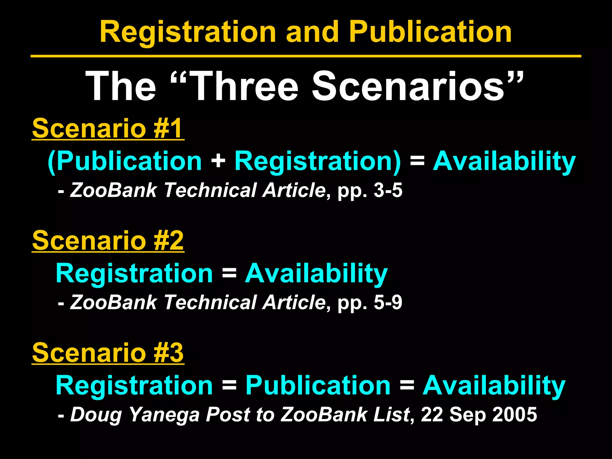 Registration and Publication
The “Three Scenarios”
Scenario #1
(Publication + Registration) = Availability
Scenario #2
Registration = Availability
Scenario #3
Registration = Publication = Availability
- ZooBank Technical Article, pp. 3-5
- ZooBank Technical Article, pp. 5-9
- Doug Yanega Post to ZooBank List, 22 Sep 2005
 