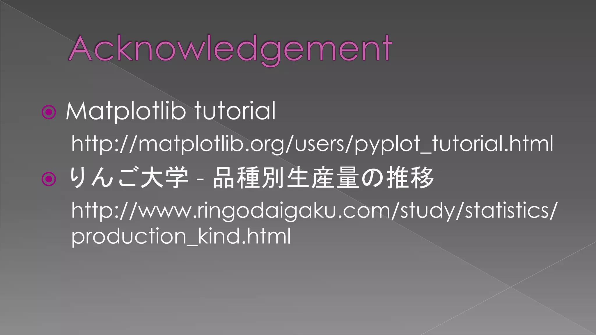  Matplotlib tutorial http://matplotlib.org/users/pyplot_tutorial.html  りんご大学 - 品種別生産量の推移 http://www.ringodaigaku.com/study/statistics/ production_kind.html 