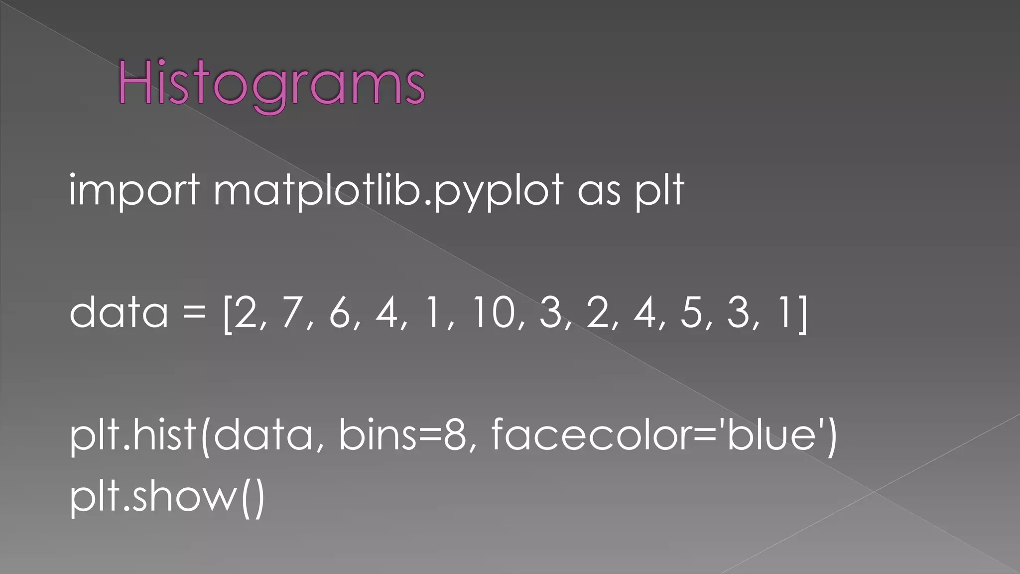 import matplotlib.pyplot as plt data = [2, 7, 6, 4, 1, 10, 3, 2, 4, 5, 3, 1] plt.hist(data, bins=8, facecolor='blue') plt.show() 