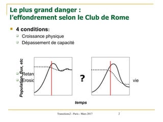 Transitions2 - Paris - Mars 2017 2
Le plus grand danger :
l’effondrement selon le Club de Rome
 4 conditions:
 Croissanc...
