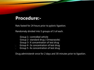 Procedure:-
Rats fasted for 24 hours prior to pyloric ligastion.
Randomaly divided into 5 groups of 3 of each.
Group 1- controlled vehicle
Group 2- standard drug ( Omeprazole)
Group 3- X concentration of test drug
. Group 4- 2x concentration of test drug
. Group 5- 4x concentration of test drug
Drug administerdr once for 2 days and 30 minutes prior to ligastion.
 
