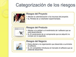 Los resultados de este análisis de riesgos se deben documentar a lo largo del plan del proyecto junto con el análisis de consecuencias cuando el riesgo ocurra.Es la probabilidad de que una circunstancia adversa ocurraRiesgo