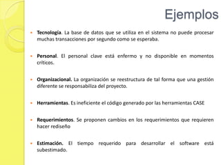 Identificación de riesgosComprende el descubrimiento de los posibles riesgos del proyecto.Tipos de riesgos: