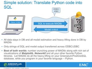 Simple solution: Translate Python code into
SQL
ODBC/
JDBC

Python  SQL

SQL to execute MADlib
Model output

• All data stays in DB and all model estimation and heavy lifting done in DB by
MADlib

• Only strings of SQL and model output transferred across ODBC/JDBC
• Best of both worlds: number crunching power of MADlib along with rich set of
visualizations of Matplotlib, NetworkX and all your other favorite Python
libraries. Let MADlib do all the heavy-lifting on your Greenplum/PostGreSQL
database, while you program in your favorite language – Python.

© Copyright 2011 EMC Corporation. All rights reserved.

26

 