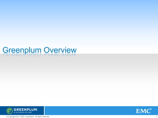 Greenplum Overview

© Copyright 2011 EMC Corporation. All rights reserved.

3

 