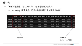 Copyright © 2019 Classi Corp. All Rights Reserved.
使い方
● 「モデルを記述→サンプリング→結果を取得」の流れ
○ summary: 推定量のパラメータ毎に統計量が算出される
平均・分散 収束結果
(r_hat < 1.1が目安)
 