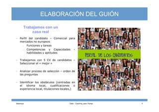 Trabajamos con un
caso real
– Perfil del candidato – Comercial para
mercados no europeos
– Funciones y tareas
– Competencias y Capacidades -
habilidades y aptitudes
ELABORACIÓN DEL GUIÓN
Balansiya Taller - Coaching para Pymes 4
– Trabajamos con 5 CV de candidatos –
Seleccionar el « mejor »
– Analizar proceso de selección – orden de
las preguntas
– Identificar los obstáculos (centradas en
el idioma local, cualificaciones o
experiencia local, titulaciones locales,)
 