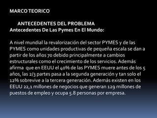 MARCO TEORICOANTECEDENTES DEL PROBLEMAAntecedentes De Las Pymes En El Mundo:A nivel mundial la revalorización del sector PYMES yde las PYMES como unidades productivas de pequeña escala se dan apartir de los años 70 debido principalmente a cambios estructurales como elcrecimiento de los servicios. Además  afirma  que en EEUU el 40% de las PYMES muere antes de los 5 años, las 2/3 partes pasa a la segunda generación y tan solo el 12% sobrevive a la tercera generación. Además existen en los EEUU 22,1 millones de negocios que generan 129 millones de puestos de empleo y ocupa 5.8 personas por empresa.