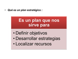 • Qué es un plan estratégico :
Es un plan que nos
sirve para
• Definir objetivos
• Desarrollar estrategias
• Localizar recursos
 