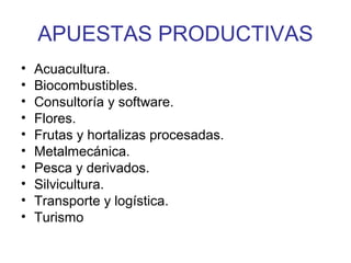 APUESTAS PRODUCTIVAS 
• Acuacultura. 
• Biocombustibles. 
• Consultoría y software. 
• Flores. 
• Frutas y hortalizas procesadas. 
• Metalmecánica. 
• Pesca y derivados. 
• Silvicultura. 
• Transporte y logística. 
• Turismo 
 