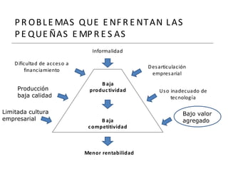 P R OBL EMAS QUE E NF R E NTAN LAS 
P E QUE ÑAS EMP R E S AS 
Desarticulación 
empresarial 
Uso inadecuado de 
tecnología 
Dificultad de acceso a 
financiamiento 
Informalidad 
B aja 
produc tividad 
B aja 
competitividad 
Menor rentabilidad 
Producción 
baja calidad 
Limitada cultura 
empresarial 
Bajo valor 
agregado 
 