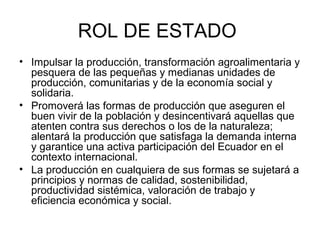 ROL DE ESTADO 
• Impulsar la producción, transformación agroalimentaria y 
pesquera de las pequeñas y medianas unidades de 
producción, comunitarias y de la economía social y 
solidaria. 
• Promoverá las formas de producción que aseguren el 
buen vivir de la población y desincentivará aquellas que 
atenten contra sus derechos o los de la naturaleza; 
alentará la producción que satisfaga la demanda interna 
y garantice una activa participación del Ecuador en el 
contexto internacional. 
• La producción en cualquiera de sus formas se sujetará a 
principios y normas de calidad, sostenibilidad, 
productividad sistémica, valoración de trabajo y 
eficiencia económica y social. 
 