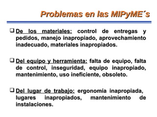 Problemas en las MIPyME´sProblemas en las MIPyME´s
 De los materiales:De los materiales: control de entregas ycontrol de entregas y
pedidos, manejo inapropiado, aprovechamientopedidos, manejo inapropiado, aprovechamiento
inadecuado, materiales inapropiados.inadecuado, materiales inapropiados.
 Del equipo y herramienta:Del equipo y herramienta: falta de equipo, faltafalta de equipo, falta
de control, inseguridad, equipo inapropiado,de control, inseguridad, equipo inapropiado,
mantenimiento, uso ineficiente, obsoleto.mantenimiento, uso ineficiente, obsoleto.
 Del lugar de trabajo:Del lugar de trabajo: ergonomía inapropiada,ergonomía inapropiada,
lugares inapropiados, mantenimiento delugares inapropiados, mantenimiento de
instalaciones.instalaciones.
 
