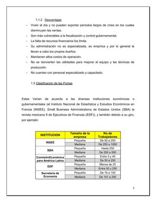 5
1.1.2 Desventajas
- Viven al día y no pueden soportar períodos largos de crisis en los cuales
disminuyen las ventas.
- Son más vulnerables a la fiscalización y control gubernamental.
- La falta de recursos financieros los limita.
- Su administración no es especializada, es empírica y por lo general la
llevan a cabo los propios dueños.
- Mantienen altos costos de operación.
- No se reinvierten las utilidades para mejorar el equipo y las técnicas de
producción.
- No cuentan con personal especializado y capacitado.
1.2 Clasificación de las Pymes
Estas Varían de acuerdo a las diversas instituciones económicas o
gubernamentales (el Instituto Nacional de Estadística y Estudios Económicos en
Francia (INSEE), Small Business Administrations de Estados Unidos (SBA) la
revista mexicana 9 de Ejecutivos de Finanzas (EDF)), y también debido a su giro,
por ejemplo:
INSTITUCION
Tamaño de la
empresa
No de
Trabajadores
INSEE
Pequeña De 50 a 250
Mediana De 250 a 1000
SBA
Pequeña Hasta 250
Mediana De 250 a 500
ComisiónEconómica
para América Latina
Pequeña Entre 5 y 49
Mediana De 50 a 250
EDF
Pequeña Menos de 25
Mediana Entre 50 y 250
Secretaria de
Economía
Pequeña De 16 a 100
Mediana De 101 a 250
 