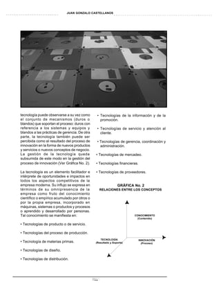 JUAN GONZALO CASTELLANOS




tecnología puede observarse a su vez como       • Tecnologías de la información y de la
el conjunto de mecanismos (duros o                promoción.
blandos) que soportan el proceso: duros con
referencia a los sistemas y equipos y           • Tecnologías de servicio y atención al
blandos a las prácticas de gerencia. De otra      cliente.
parte, la tecnología también puede ser
percibida como el resultado del proceso de      • Tecnologías de gerencia, coordinación y
innovación en la forma de nuevos productos        administración.
y servicios o nuevos conceptos de negocio.
La gestión de la tecnología queda               • Tecnologías de mercadeo.
subsumida de este modo en la gestión del
proceso de innovación (Ver Gráfica No. 2).      • Tecnologías financieras.

La tecnología es un elemento facilitador e      • Tecnologías de proveedores.
intérprete de oportunidades e impactos en
todos los aspectos competitivos de la
empresa moderna. Su influjo se expresa en                      GRÁFICA No. 2
términos de su omnipresencia de la                  RELACIONES ENTRE LOS CONCEPTOS
empresa como fruto del conocimiento
científico o empírico acumulado por otros o
por la propia empresa, incorporado en
máquinas, sistemas o productos y procesos
o aprendido y desarrollado por personas.
Tal conocimiento se manifiesta en:                                     CONOCIMIENTO
                                                                         (Contenido)

• Tecnologías de producto o de servicio.

• Tecnologías del proceso de producción.
                                                  TECNOLOGÍA                 INNOVACIÓN
• Tecnología de materias primas.               (Resultado y Soporte)           (Proceso)

• Tecnologías de diseño.

• Tecnologías de distribución.




                                               17
 