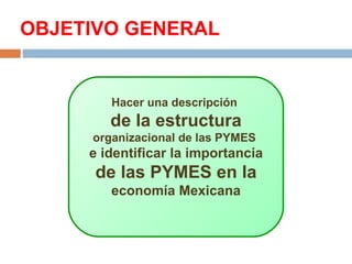 OBJETIVO GENERAL


           Hacer una descripción
           de la estructura
        organizacional de las PYMES
        e identificar la importancia
        de las PYMES en la
           economía Mexicana
     
 