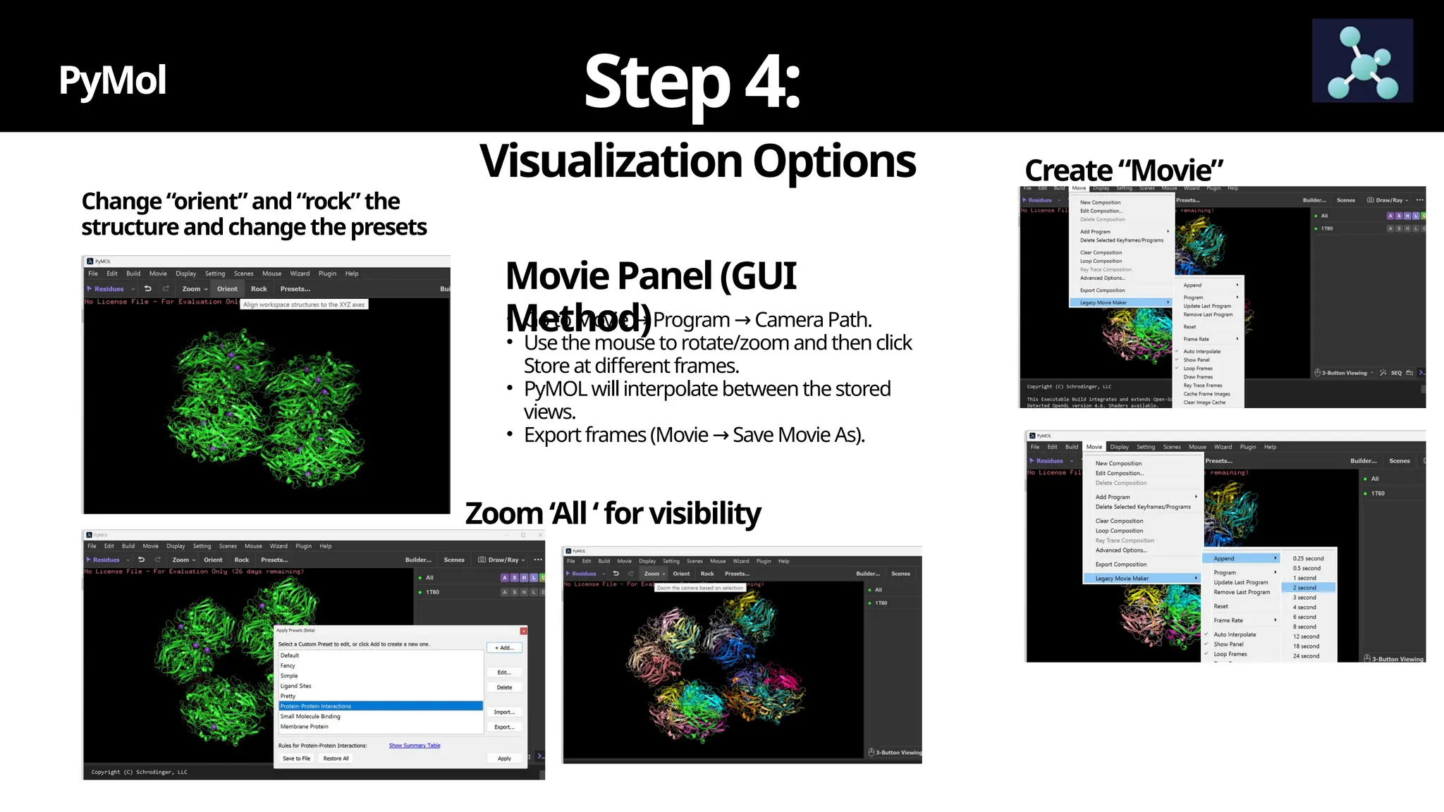 VisualizationOptions
PyMol Step4:
Change “orient” and“rock”the
structureandchangethepresets
Zoom‘All‘forvisibility
Create“Movie”
MoviePanel(GUI
Method)
• Go to Movie Program CameraPath.
→ →
• Usethe mouse to rotate/zoom and thenclick
Store at different frames.
• PyMOL willinterpolatebetween thestored
views.
• Export frames(Movie Save Movie As).
→
 