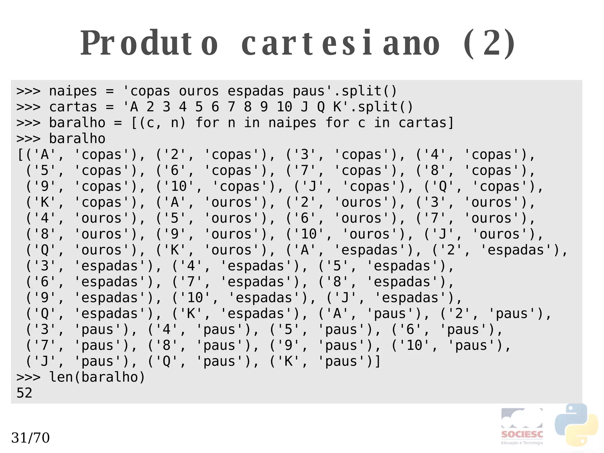 Produto cartesiano (2) >>> naipes = 'copas ouros espadas paus'.split() >>> cartas = 'A 2 3 4 5 6 7 8 9 10 J Q K'.split() >>> baralho = [(c, n) for n in naipes for c in cartas] >>> baralho [('A', 'copas'), ('2', 'copas'), ('3', 'copas'), ('4', 'copas'),   ('5', 'copas'), ('6', 'copas'), ('7', 'copas'), ('8', 'copas'),  ('9', 'copas'), ('10', 'copas'), ('J', 'copas'), ('Q', 'copas'),  ('K', 'copas'), ('A', 'ouros'), ('2', 'ouros'), ('3', 'ouros'),  ('4', 'ouros'), ('5', 'ouros'), ('6', 'ouros'), ('7', 'ouros'),  ('8', 'ouros'), ('9', 'ouros'), ('10', 'ouros'), ('J', 'ouros'),  ('Q', 'ouros'), ('K', 'ouros'), ('A', 'espadas'), ('2', 'espadas'),  ('3', 'espadas'), ('4', 'espadas'), ('5', 'espadas'),   ('6', 'espadas'), ('7', 'espadas'), ('8', 'espadas'),   ('9', 'espadas'), ('10', 'espadas'), ('J', 'espadas'),  ('Q', 'espadas'), ('K', 'espadas'), ('A', 'paus'), ('2', 'paus'),  ('3', 'paus'), ('4', 'paus'), ('5', 'paus'), ('6', 'paus'),  ('7', 'paus'), ('8', 'paus'), ('9', 'paus'), ('10', 'paus'),  ('J', 'paus'), ('Q', 'paus'), ('K', 'paus')] >>> len(baralho) 52 