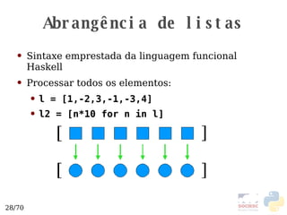 Abrangência de listas Sintaxe emprestada da linguagem funcional Haskell Processar todos os elementos: l = [1,-2,3,-1,-3,4] l2 = [n*10 for n in l] 