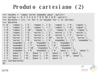 Produto cartesiano (2) >>> naipes = 'copas ouros espadas paus'.split() >>> cartas = 'A 2 3 4 5 6 7 8 9 10 J Q K'.split() >>> baralho = [(c, n) for n in naipes for c in cartas] >>> baralho [('A', 'copas'), ('2', 'copas'), ('3', 'copas'), ('4', 'copas'),   ('5', 'copas'), ('6', 'copas'), ('7', 'copas'), ('8', 'copas'),  ('9', 'copas'), ('10', 'copas'), ('J', 'copas'), ('Q', 'copas'),  ('K', 'copas'), ('A', 'ouros'), ('2', 'ouros'), ('3', 'ouros'),  ('4', 'ouros'), ('5', 'ouros'), ('6', 'ouros'), ('7', 'ouros'),  ('8', 'ouros'), ('9', 'ouros'), ('10', 'ouros'), ('J', 'ouros'),  ('Q', 'ouros'), ('K', 'ouros'), ('A', 'espadas'), ('2', 'espadas'),  ('3', 'espadas'), ('4', 'espadas'), ('5', 'espadas'),   ('6', 'espadas'), ('7', 'espadas'), ('8', 'espadas'),   ('9', 'espadas'), ('10', 'espadas'), ('J', 'espadas'),  ('Q', 'espadas'), ('K', 'espadas'), ('A', 'paus'), ('2', 'paus'),  ('3', 'paus'), ('4', 'paus'), ('5', 'paus'), ('6', 'paus'),  ('7', 'paus'), ('8', 'paus'), ('9', 'paus'), ('10', 'paus'),  ('J', 'paus'), ('Q', 'paus'), ('K', 'paus')] >>> len(baralho) 52 