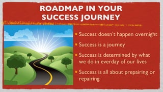 ROADMAP IN YOUR SUCCESS JOURNEY Success doesn ’ t happen overnight Success is a journey Success is determined by what we do in everday of our lives Success is all about prepairing or repairing  