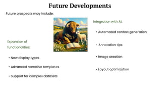 Future prospects may include:
Future Developments
Integration with AI:
• Automated context generation
• Image creation
• Annotation tips
• Layout optimization
Expansion of
functionalities:
• New display types
• Advanced narrative templates
• Support for complex datasets
 