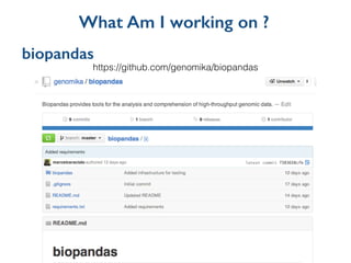 biopandas
What Am I working on ?
https://github.com/genomika/biopandas
 