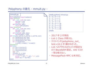 37 @ikwzmPYNQ 祭り(2017/3/4)
Polyphony の進化 - mmult.py -
from polyphony import testbench
class StreamIn:
def __init__(self, buf, size):
self.size = size
self.buf = buf
def read(self, addr):
return self.buf[addr]
class StreamOut:
def __init__(self, buf, size):
self.size = size
self.buf = buf
def write(self, addr, data):
self.buf[addr] = data
def mmult(a_buf:list, b_buf:list, o_buf:list, size):
a = StreamIn(a_buf, size)
b = StreamIn(b_buf, size)
o = StreamOut(o_buf, size)
for i in range(size):
o.write(i, a.read(i) * b.read(i))
@testbench
def test():
a = [0,1,2,3,4,5,6,7]
b = [0,1,2,3,4,5,6,7]
o = [0,0,0,0,0,0,0,0]
size = 8
mmult(a, b, o, size)
for i in range(size):
print(i, ":", a[i], "*", b[i], "=>", o[i])
assert o[i] == a[i]*b[i]
test()
shell$ python3 mmult.py
0 : 0 * 0 => 0
1 : 1 * 1 => 1
2 : 2 * 2 => 4
3 : 3 * 3 => 9
4 : 4 * 4 => 16
5 : 5 * 5 => 25
6 : 6 * 6 => 36
7 : 7 * 7 => 49
shell$
mmult.py
・ 2017 年 2 月現在
・ List と Class が使える。
・ テストベンチ(polyphony_out_
test.v)は上手く動かなかった。
・ List へのアクセスはウェイトが固定な
ので BlockRAM 限定。 AXI マスタ
ー等は使えない。
・ MessagePack-RPC は未対応。
 