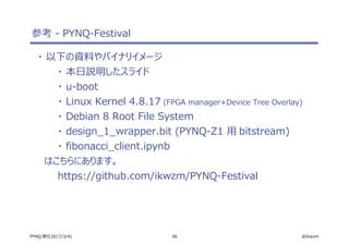 38 @ikwzmPYNQ 祭り(2017/3/4)
参考 - PYNQ-Festival
・ 以下の資料やバイナリイメージ
・ 本日説明したスライド
・ u-boot
・ Linux Kernel 4.8.17 (FPGA manager+Device Tree Overlay)
・ Debian 8 Root File System
・ design_1_wrapper.bit (PYNQ-Z1 用 bitstream)
・ fibonacci_client.ipynb
　はこちらにあります。
https://github.com/ikwzm/PYNQ-Festival
 