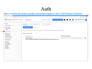 Auth
https://console.developers.google.com/project/ageless-valor-110414/apiui/credential
 
