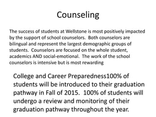 Counseling
The success of students at Wellstone is most positively impacted
by the support of school counselors. Both counselors are
bilingual and represent the largest demographic groups of
students. Counselors are focused on the whole student,
academics AND social-emotional. The work of the school
counselors is intensive but is most rewarding
College and Career Preparedness100% of
students will be introduced to their graduation
pathway in Fall of 2015. 100% of students will
undergo a review and monitoring of their
graduation pathway throughout the year.
 