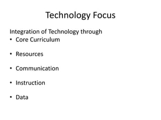 Technology Focus
Integration of Technology through
• Core Curriculum
• Resources
• Communication
• Instruction
• Data
 