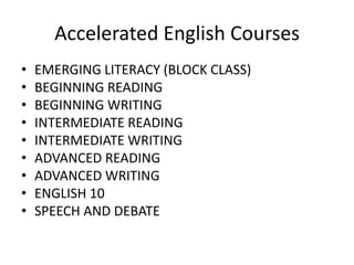 Accelerated English Courses
• EMERGING LITERACY (BLOCK CLASS)
• BEGINNING READING
• BEGINNING WRITING
• INTERMEDIATE READING
• INTERMEDIATE WRITING
• ADVANCED READING
• ADVANCED WRITING
• ENGLISH 10
• SPEECH AND DEBATE
 