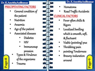 PRECIPITATINGFACTORS
• General condition of
the patient
• Nutrition
• Anaemia
• Age of the patient
• Associateddiseases
• Diabetes
• HIV
• Immunosup
pression
• Types & Virulence
of the organisms
• Trauma
• Hematoma
• Road TrafficAccidents
CLINICALFACTORS
• Fever oftenchills &
Rigors
• Localized Swelling
whichis smooth, soft,
& fluctuant
• Viable (pointing) pus
• Throbbing pain
• pointing Tenderness
• Brawny induration
around
 