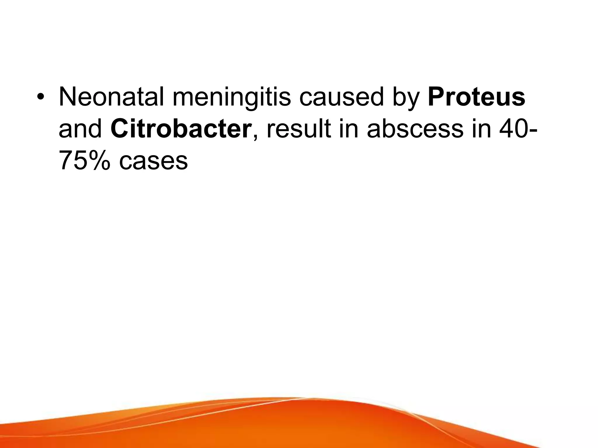 • Neonatal meningitis caused by Proteus
and Citrobacter, result in abscess in 40-
75% cases
 