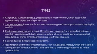 TYPES
1. H. influenza, N. meningitides, S. pneumoniae are most common, which account for
approximately 75 percent of sporadic cases.
2. L. monocytogenes is now the fourth most common type of nonsurgical bacterial meningitis
in adults.
3. Staphylococcus aureus and group A (Streptococcus pyogenes) and group D streptococci,
usually in association with brain abscess, epidural abscess, head trauma, neurosurgical
procedures, or cranial thrombophlebitis; are less frequent causes.
4. E. coli and group B streptococci in newborns.
5. Pseudomonas and the Enterobacteriaceae, such as Klebsiella, Proteus, which are usually a
consequence of lumbar puncture, spinal anesthesia, or shunting procedures to relieve
hydrocephalus.
 