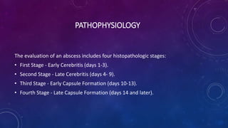PATHOPHYSIOLOGY
The evaluation of an abscess includes four histopathologic stages:
• First Stage - Early Cerebritis (days 1-3).
• Second Stage - Late Cerebritis (days 4- 9).
• Third Stage - Early Capsule Formation (days 10-13).
• Fourth Stage - Late Capsule Formation (days 14 and later).
 