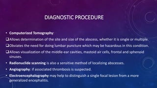 DIAGNOSTIC PROCEDURE
• Computerized Tomography:
Allows determination of the site and size of the abscess, whether it is single or multiple.
Obviates the need for doing lumbar puncture which may be hazardous in this condition.
Allows visualization of the middle-ear cavities, mastoid air cells, frontal and sphenoid
sinuses.
• Radionuclide scanning is also a sensitive method of localizing abscesses.
• Angiography: if associated thrombosis is suspected.
• Electroencephalography may help to distinguish a single focal lesion from a more
generalized encephalitis.
 