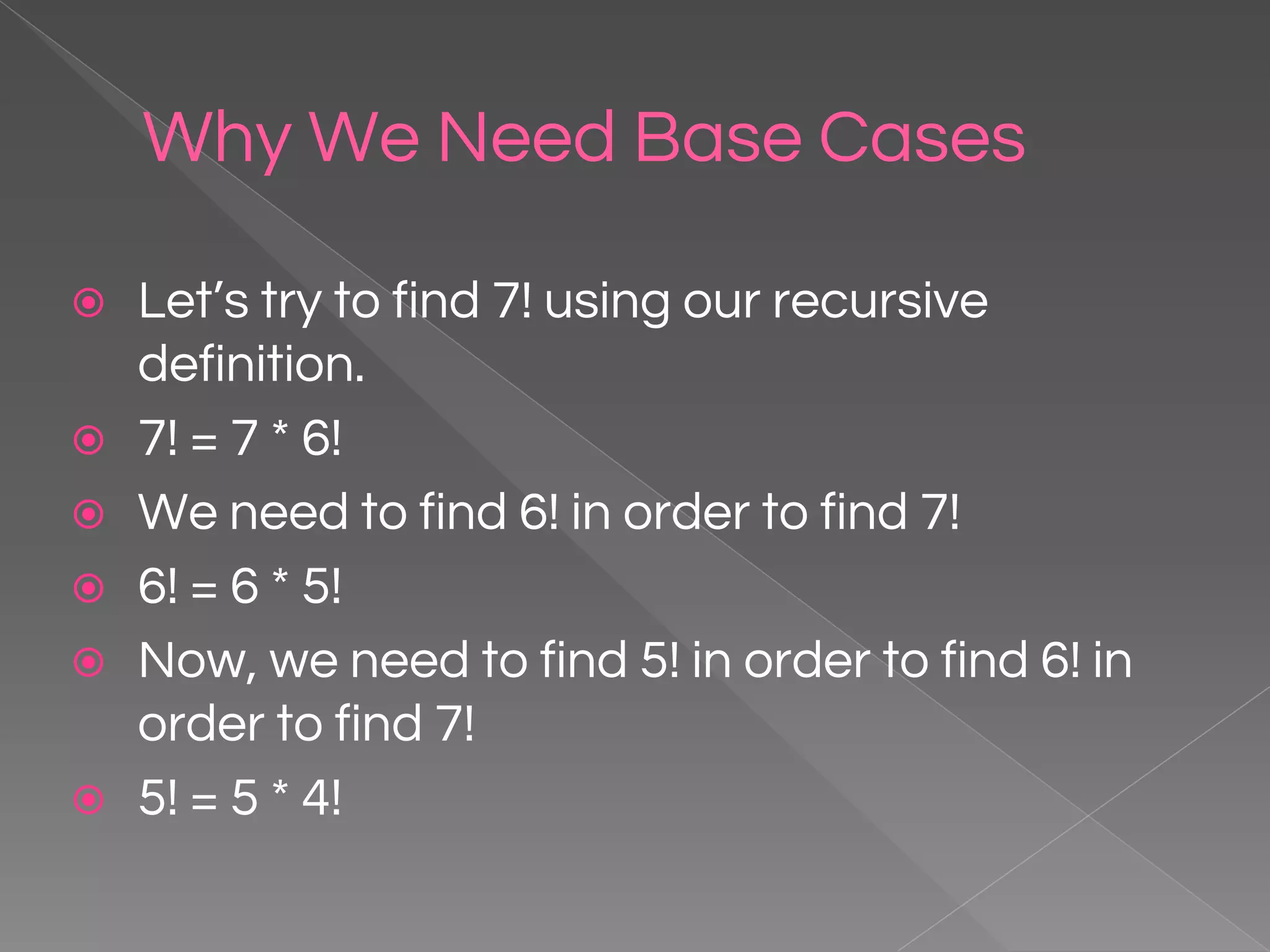 Why We Need Base Cases ⦿ Let’s try to find 7! using our recursive definition. ⦿ 7! = 7 * 6! ⦿ We need to find 6! in order to find 7! ⦿ 6! = 6 * 5! ⦿ Now, we need to find 5! in order to find 6! in order to find 7! ⦿ 5! = 5 * 4! 