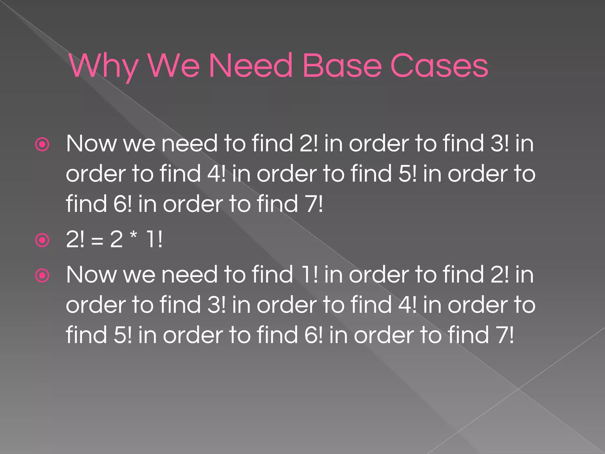 Why We Need Base Cases ⦿ Now we need to find 2! in order to find 3! in order to find 4! in order to find 5! in order to find 6! in order to find 7! ⦿ 2! = 2 * 1! ⦿ Now we need to find 1! in order to find 2! in order to find 3! in order to find 4! in order to find 5! in order to find 6! in order to find 7! 